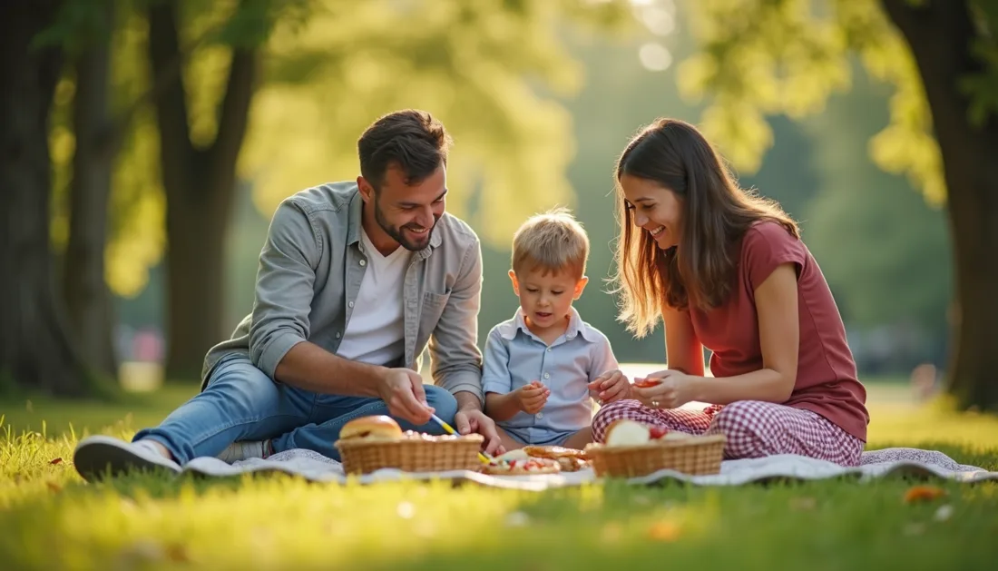 Family sharing a picnic outdoors with a young child